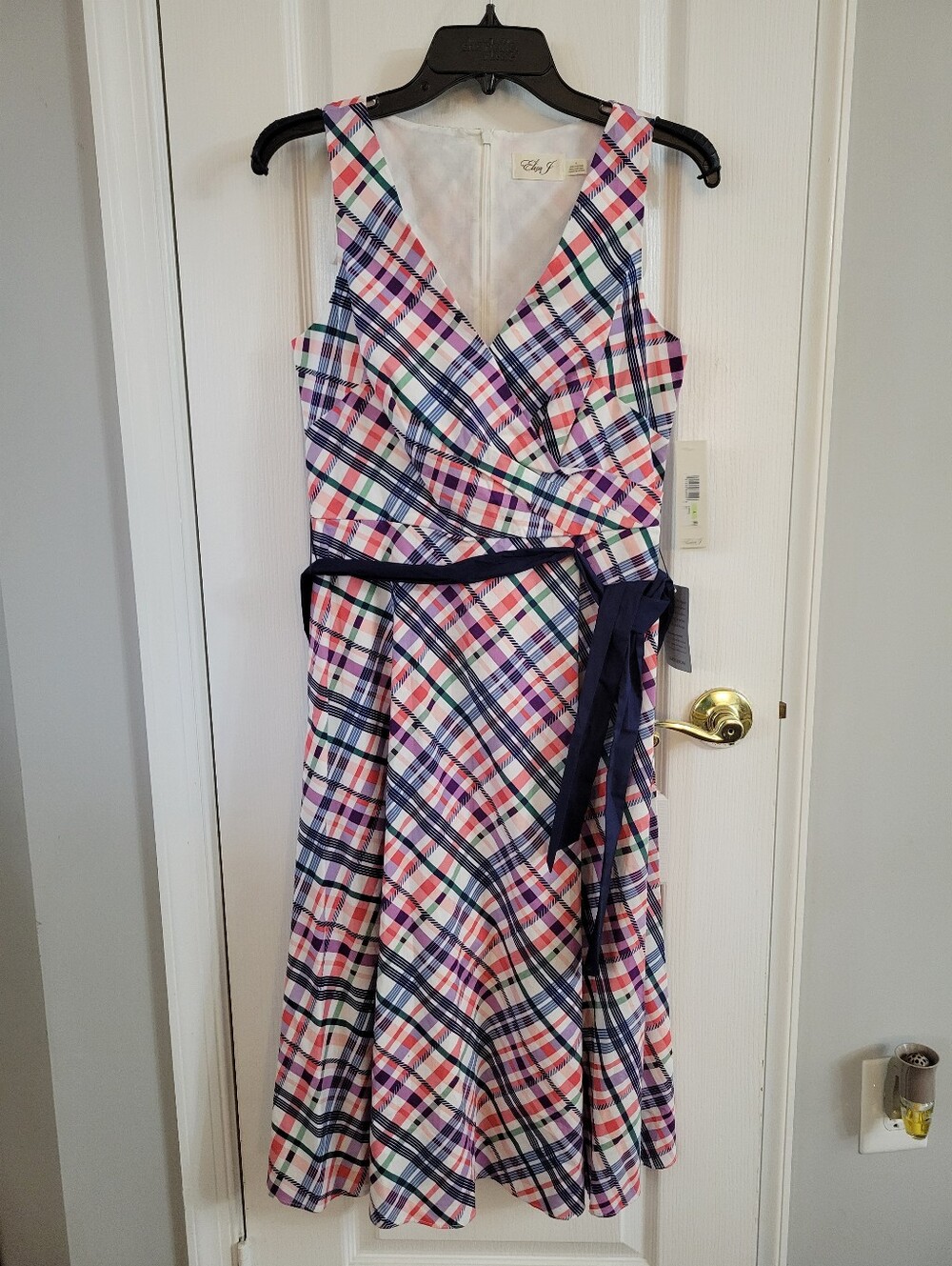 NWT Eliza J Stretch Poplin Sash Waist Fit & Flare Cotton Midi Dress Plaid Size 4